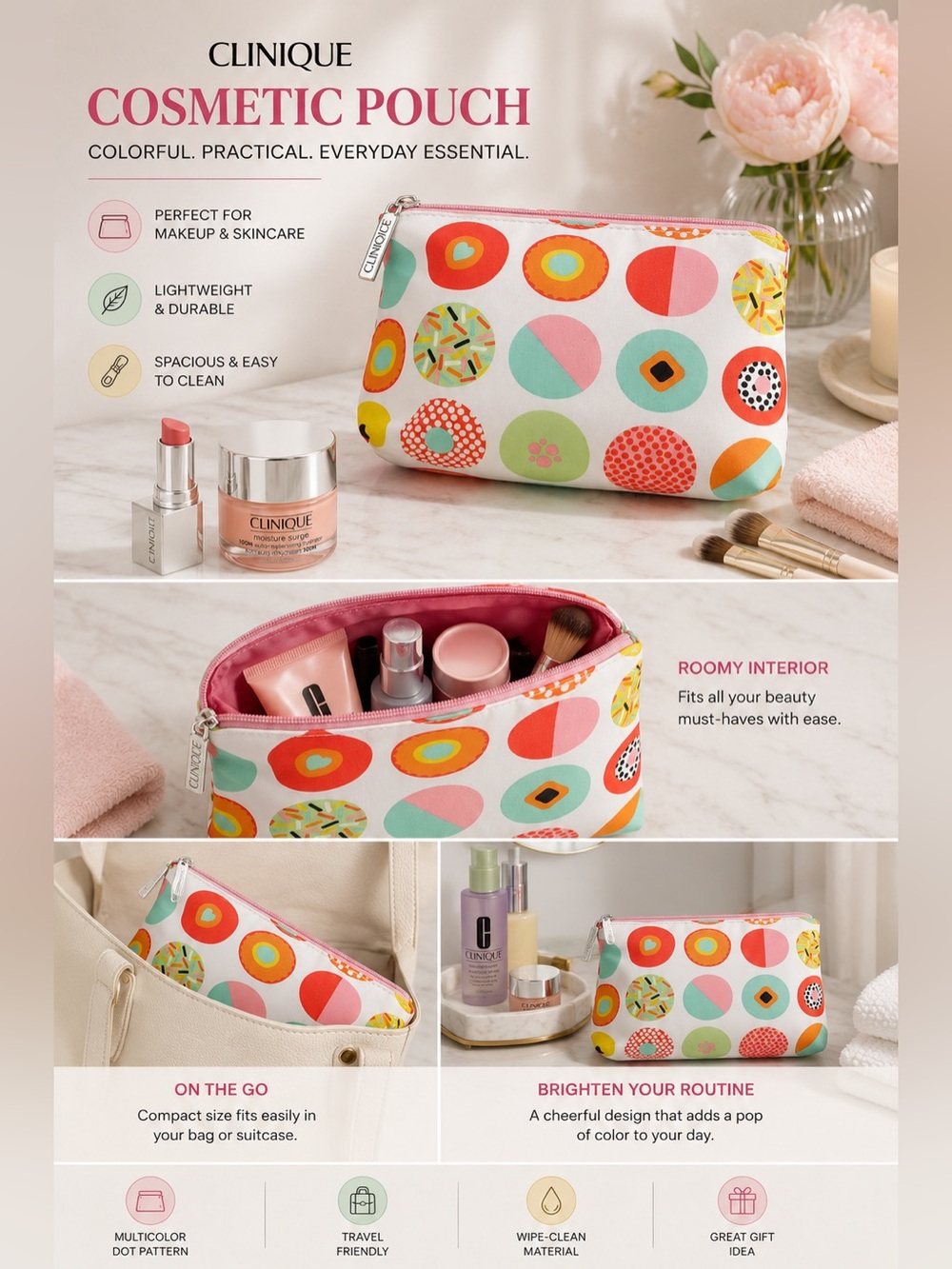 Clinique White Cosmetic Bag with Multicolor Dot Pattern